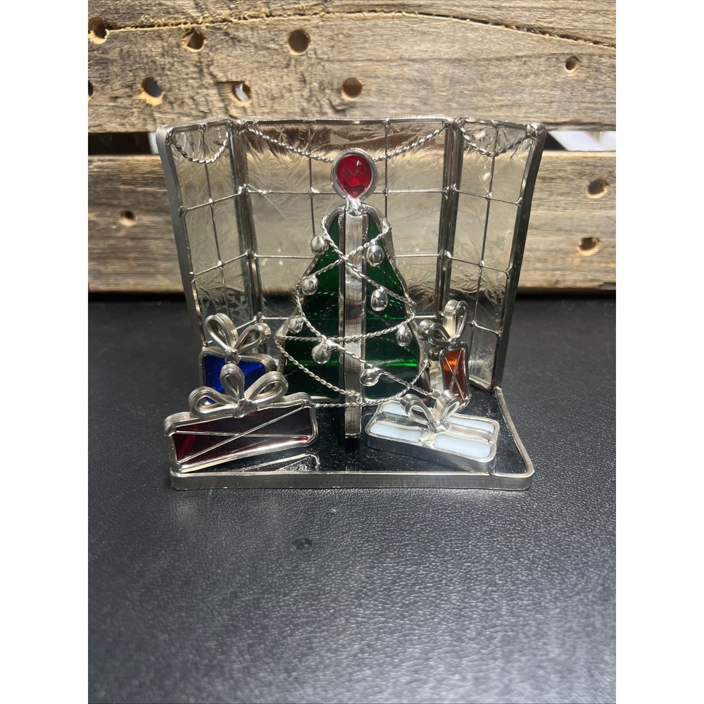 Stained Glass Christmas Tree Diorama Vintage Holiday Tabletop Decor Window Scene